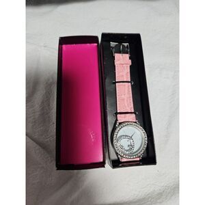 AVON Floating Heart Watch Diamond Gemstone Face Pink‎ Faux Leather Band